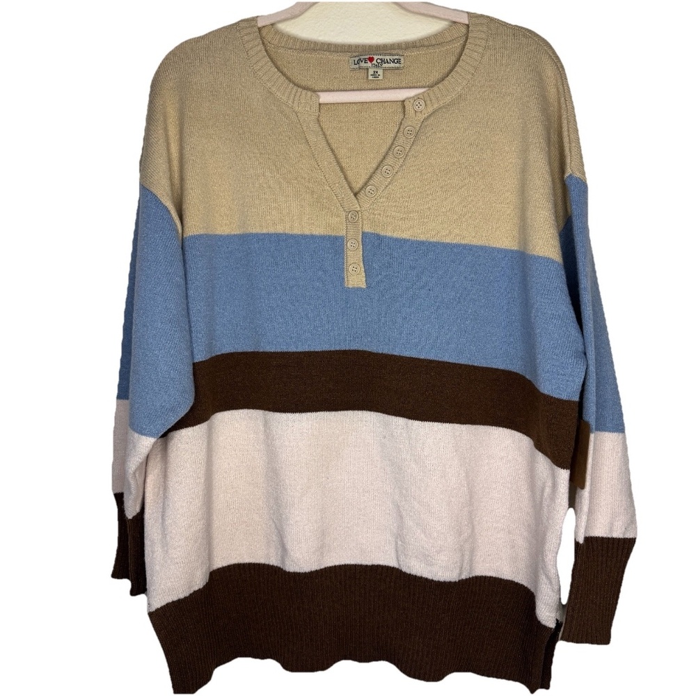 Love Change Italy Sweater Sz 2X Colorblock Striped Blue Beige Brown V-Neck NWT